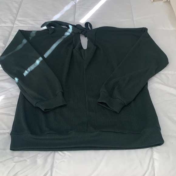 Waffle Knit Tie-Back Sweater, Size Medium, Dark Green - Picture 2 of 2